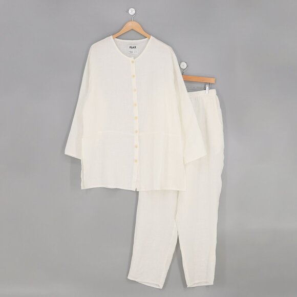 FLAX Two Piece 100% Linen Button Front Top (M) & Pull-On Pant (L) Off-White Ecru - Picture 1 of 10
